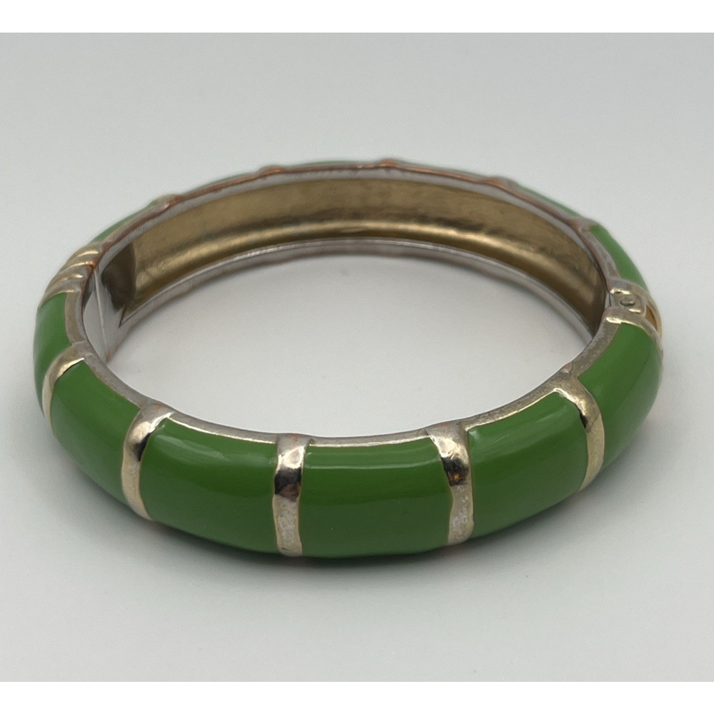 Kelly Green Enamel and Gold Tone Hinged Bangle Bracelet Segmented Statement